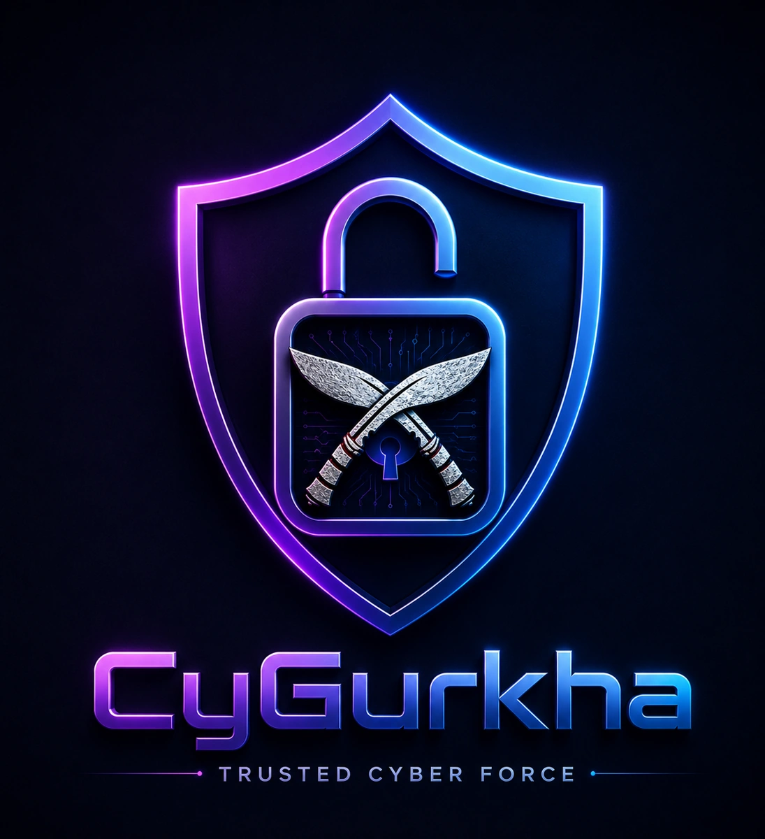CyGurkha neon shield and crossed khukuri logo